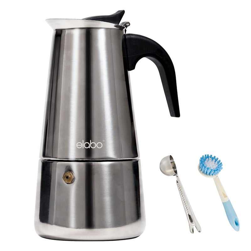 elabo Stovetop Espresso Machine and Moka Pot for Gas or Electric Ceramic Stovetop, Italian Espresso Coffee Shot Maker for Italian Espresso, Cappuccino and Latte, Stainless Steel 304, 10 Cups - Image 1